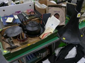 Cast iron cooking pan and kettle, gramophone horn, box of Bakelite records,