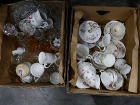 Two boxes of crockery and glassware including decanters, Queen Anne bone china floral part tea set,