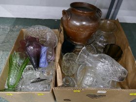 Two boxes of glassware including coloured glass, decanters, vases,