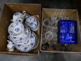 Two boxes of Johnson Brothers Indies pattern dinnerware and glassware