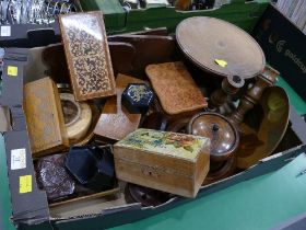 Box of wooden trinket boxes, pedestal cake stand, candlesticks, tobacco jar,