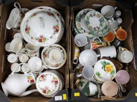 Two boxes of part tea sets and dinner ware including Mayfair floral bone china and Paragon World
