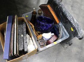 Two boxes of records, pottery vase, decorative plates,