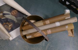 Brass jam pan and postal tubes containing prints