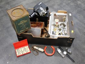 Bell & Howell cine camera, vintage chemists tin, metal trinkets, horseshoes, watches,