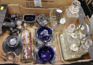Box of metalware, including inkwells, condiment dishes, glass decanter, jelly mould,