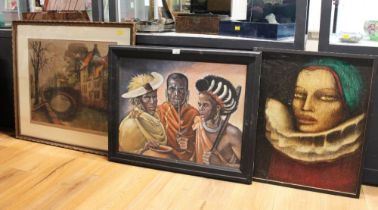 Oil on canvas of three African men in tribal outfits,