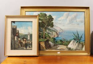 Two oils on canvas, street scene, frame size 47 cm x 60 cm, and seascape,