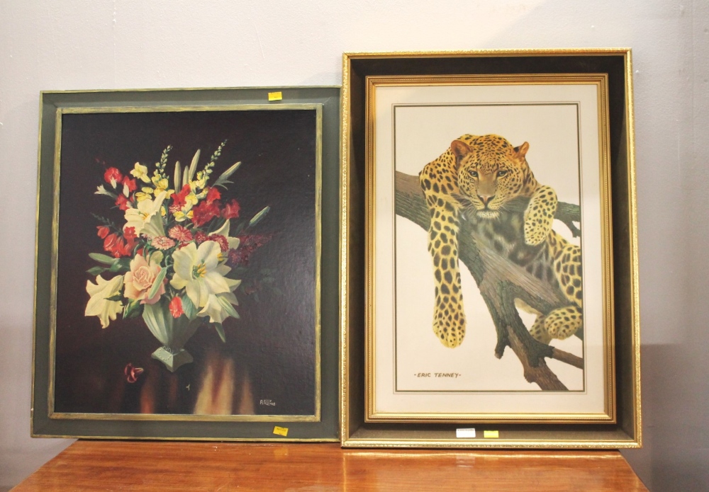 Still life oil on board of flowers and print of leopard
