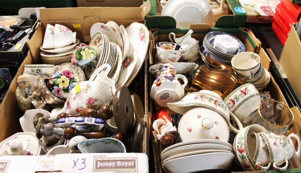 Three boxes of china plates, jugs, cups, saucers,