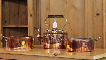 19th century copper kettle and two copper two handled oval bowls