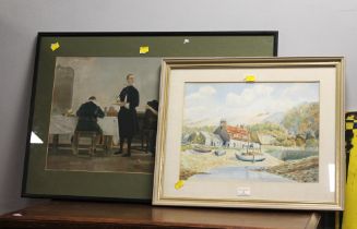 Framed print of an interior scene, 77 cm x 53 cm, and watercolour of cottage and boats,
