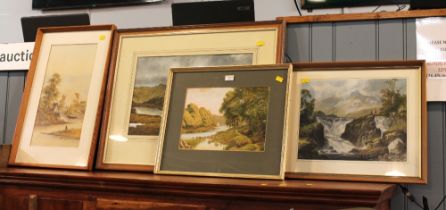 Three watercolour landscapes and print to include local interest,