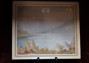 Framed watercolour lake scene