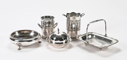 A Goldsmiths and Silversmiths company muffin dish, two silver plated bottle holders,