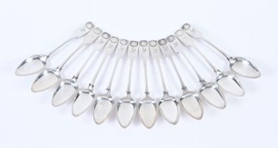 A set of twelve George III Elgin silver dessert spoons by Charles Fowler, shell cast trefoils,