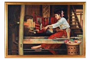 South East Asian 20th century, a young lady working a rural loom, oil on canvas.