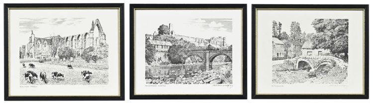 A collection of three prints, signed and inscribed by Alfred Wainwright, titled Bolton Abbey,