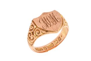 A 9 ct gold signet ring, initialled "MRM", with engraved shoulders, size O, 4.7 grams.