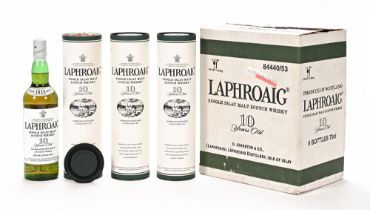 A collection of three bottles of Laphroaig Islay single malt Scotch whisky, 10 years old.