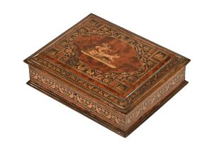 A 19th century Tunbridge ware table box, with marquetry and painted chariot scene to centre,