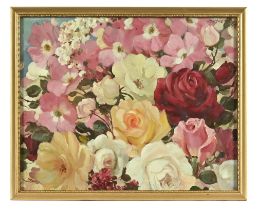 John Strevens (1902-1990), still life of roses, signed top right, oil on board. 39 x 50 cm.