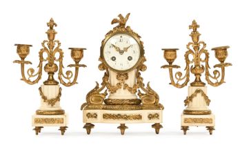 A late 19th century French clock garniture, the movement being two train striking on a bell.