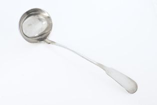 A George IV Dundee silver soup ladle by Alexander Cameron, fiddle pattern, oval bowl,