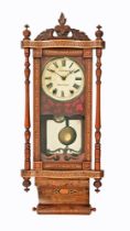 Over Bros Maryport an Edwardian inlaid wall clock, with pendulum and key.