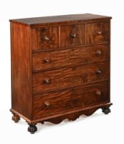 A Victorian flame mahogany chest of three square and three long cockbeaded drawers,