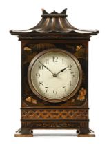 An early 20th century chinoiserie lacquered mantel clock, with single train movement,