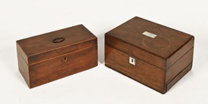 A Georgian mahogany tea caddy, with boxwood stringing. Height 15 cm, width 30.