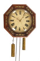A 19th century brass inlaid octagonal postman's clock, complete with weights.