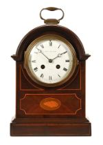 An Edwardian inlaid mahogany mantel clock, with two train French movement,