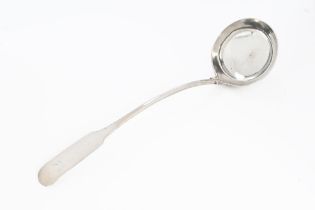 A George III Greenock silver soup ladle by John Heron, circa 1800, fiddle pattern, circular bowl,