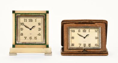 A Swiss malachite and marble cased eight day desk or mantel clock, and a cased travel clock.