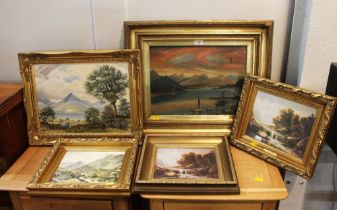 Five gilt framed paintings and prints,