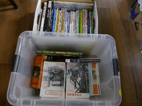 Box of books on buses and a collection of books and magazines on classic steam engines and plant