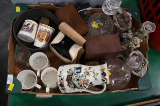 Box of decanters, ornaments, commemorative mugs,
