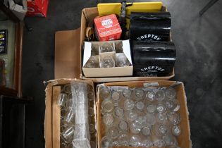 Three boxes of glassware, Shepton Cider Hog canisters, cutting board,