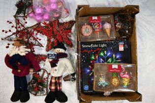 Box of Christmas decorations including battery operated snowflake light,
