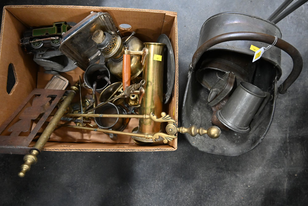 Coal helmet, box of tankard, brass fireside accessories, tinplate train,