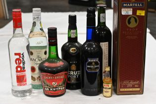 Box of alcohol including Bacardi, Martell, Cognac, Vodka, wine,