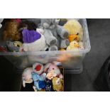 Two boxes of teddies and soft toys