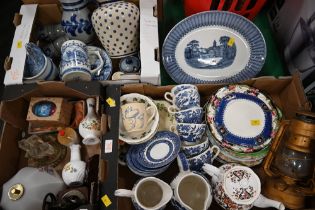 Three boxes of decorative plates, jugs, teapots, cups,