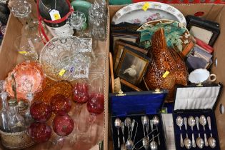 Two boxes of a large champagne bottle, glassware, hen on nest, cased cutlery sets, picture frames,