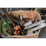 Box of clamps, hammers, chains,