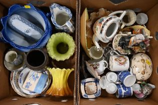 Two boxes of planters, jugs, plates, cups,