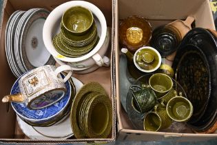 Two boxes of ceramics including chamber pots, plates,