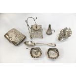 Box of hallmarked silver and silver plate, silver cigarette case,